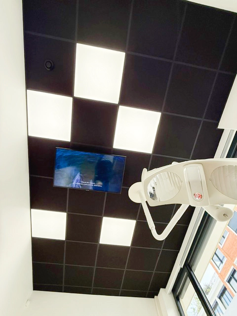 DentLed full daylight spectrum LED panels providing even lighting around the dental chair in a Le Havre clinic