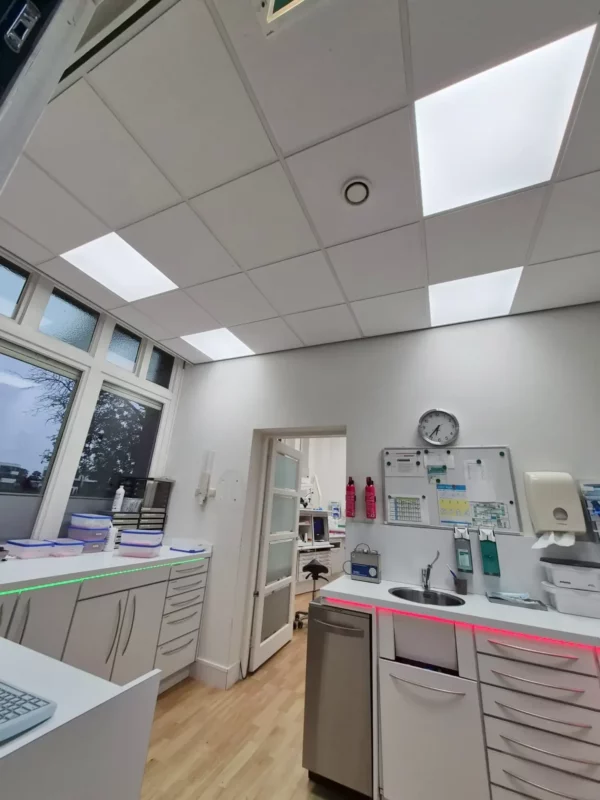 DentLED DL60 panels providing bright, uniform daylight lighting in a dental treatment room